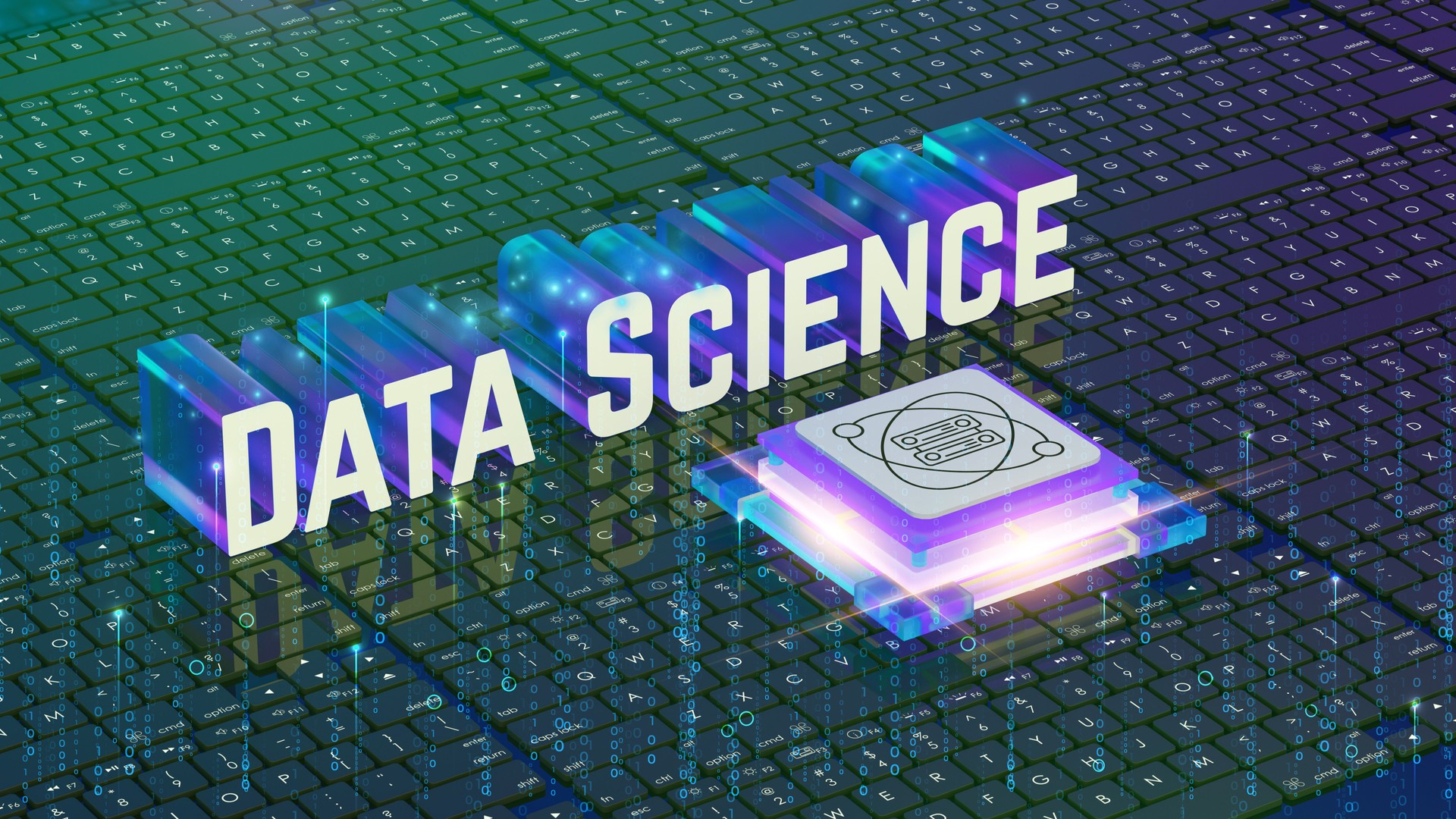 Data science, 3D text, glowing neon, computer keyboard background, binary code, microchip icon, digital landscape, blue and purple colors, analytics, big data visualization, 8K resolution, 3D render.